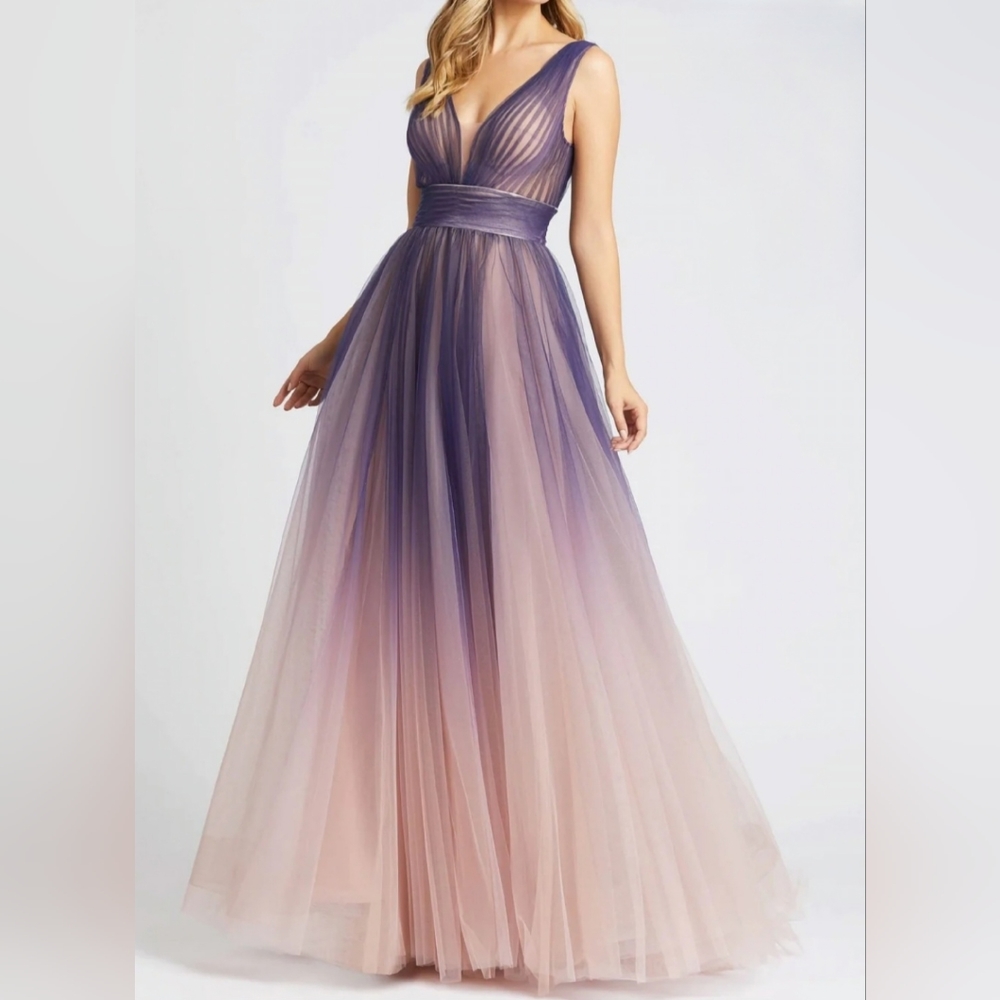 Mac Duggal 20221 Indigo Ombre Tulle Ballgown Dress, Plunge Neck, Sz 6, $398